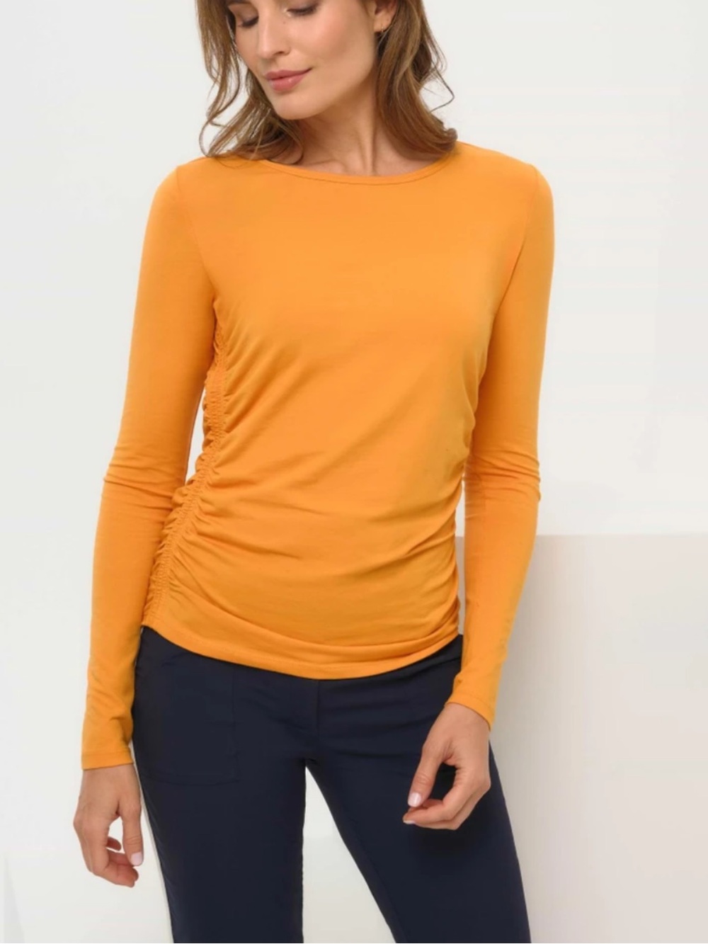 Anatomie Millie Ruched Long Sleeve Top in Tangerine Size Large